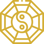 Golden yin-yang symbol with geometric pattern.