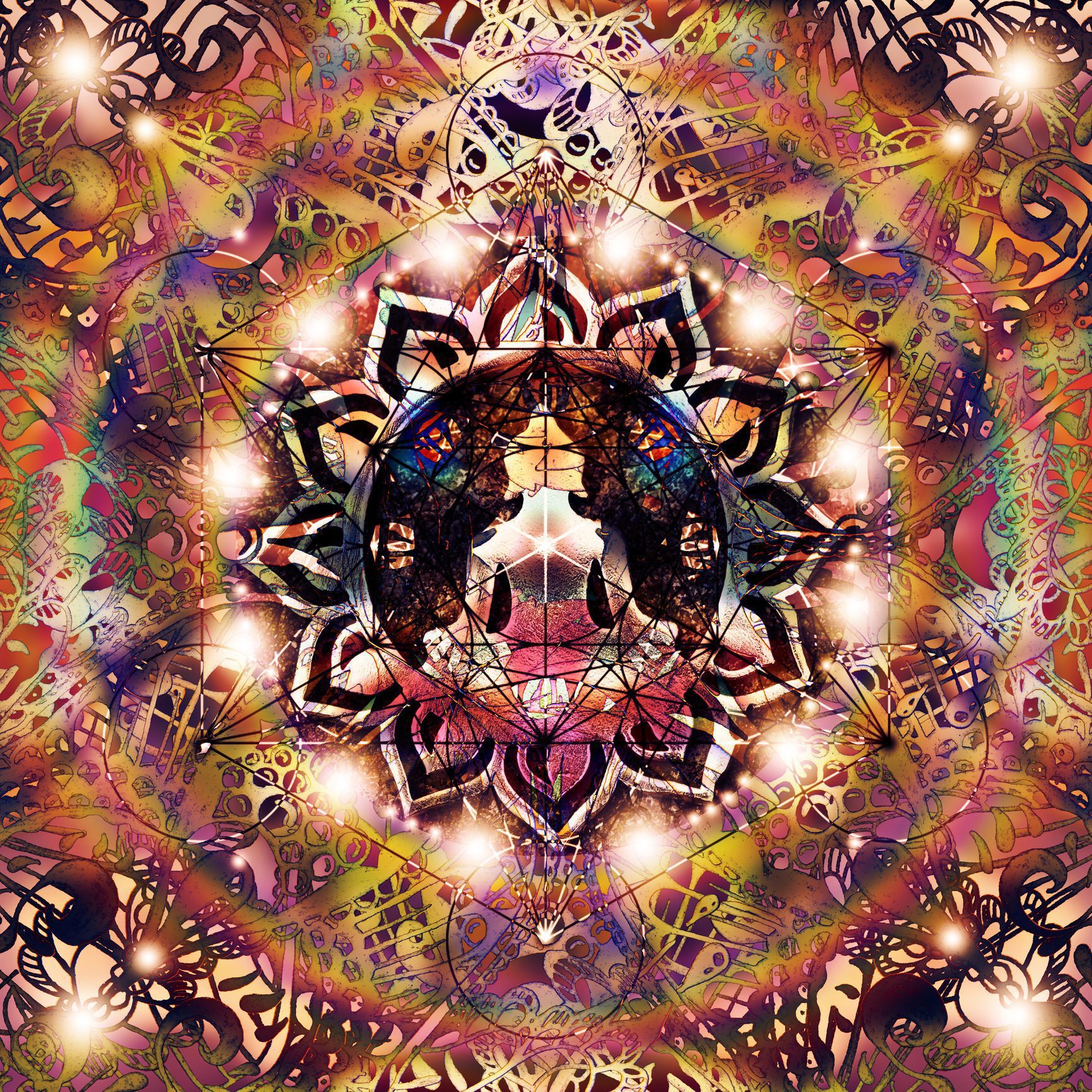 Vibrant psychedelic mandala with glowing geometric pattern