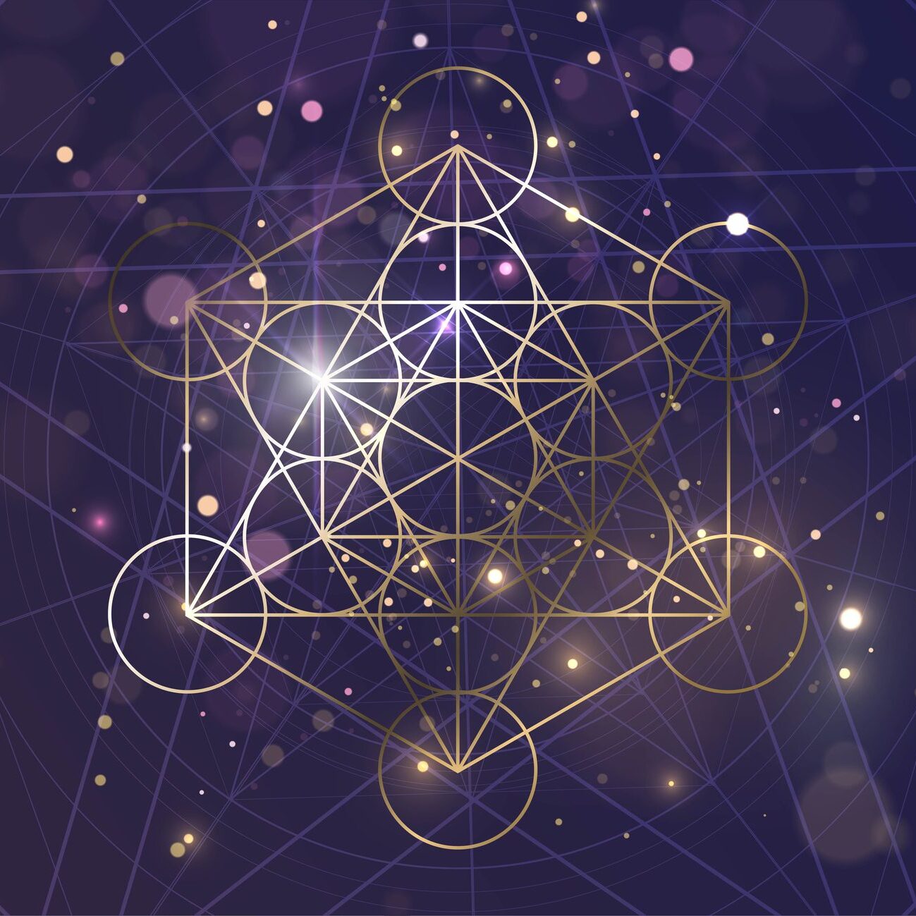 Golden sacral symbol of Metatron's Cube on the background of space