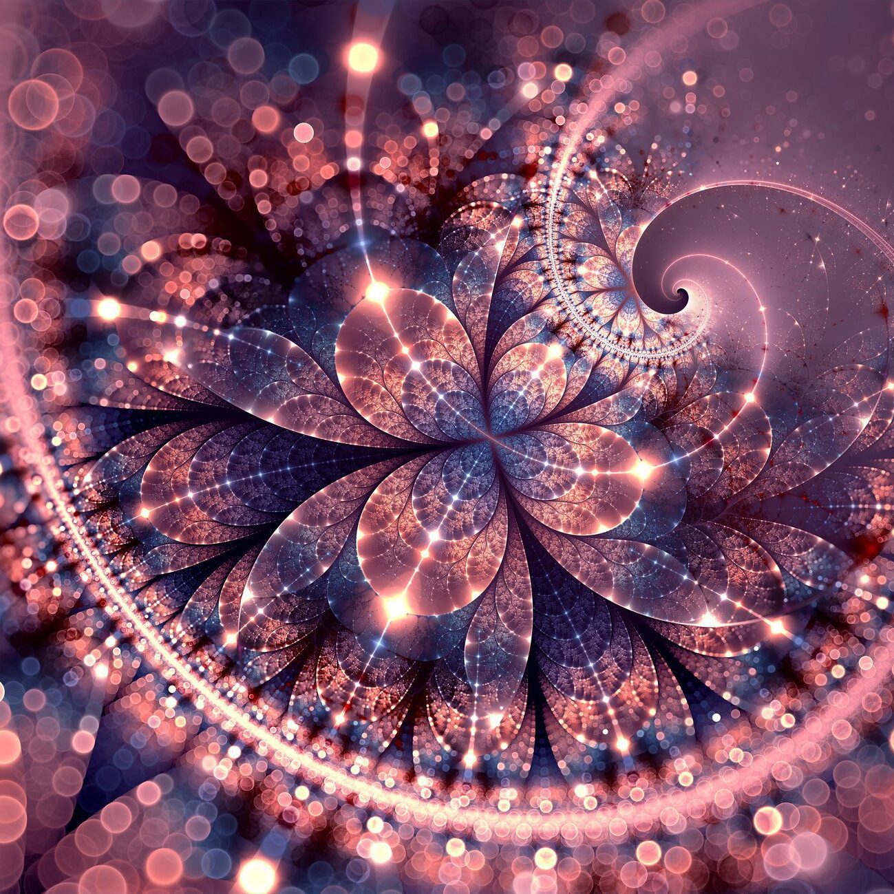 Sparkling fractal spiral flower with bokeh lights