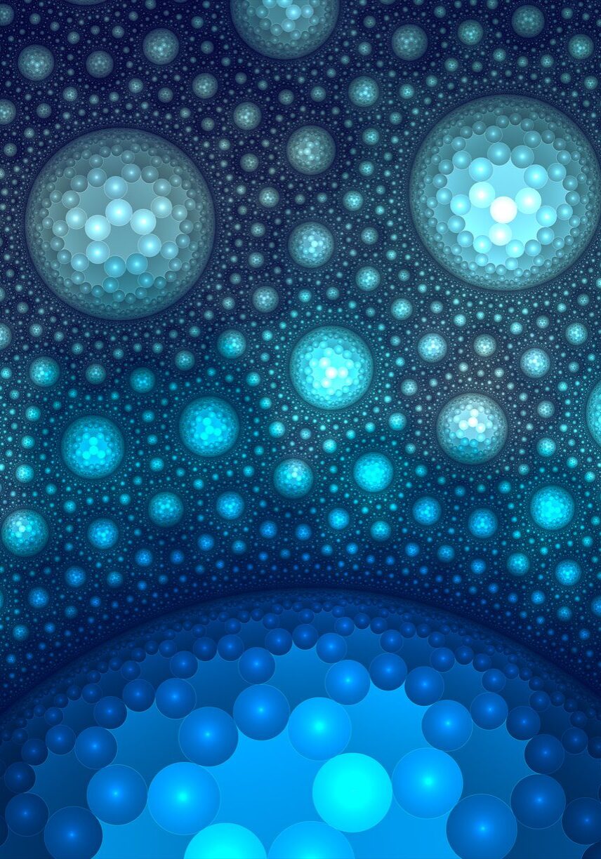 Abstract fractal art background resembling night sky of planets and stars above hills, Mathematical uniform hyperbolic tiling.