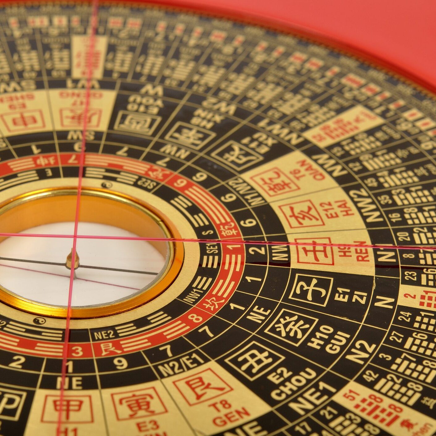 Close-up of a Chinese 'Lo Pan' compass, used in Feng Shui analysis.